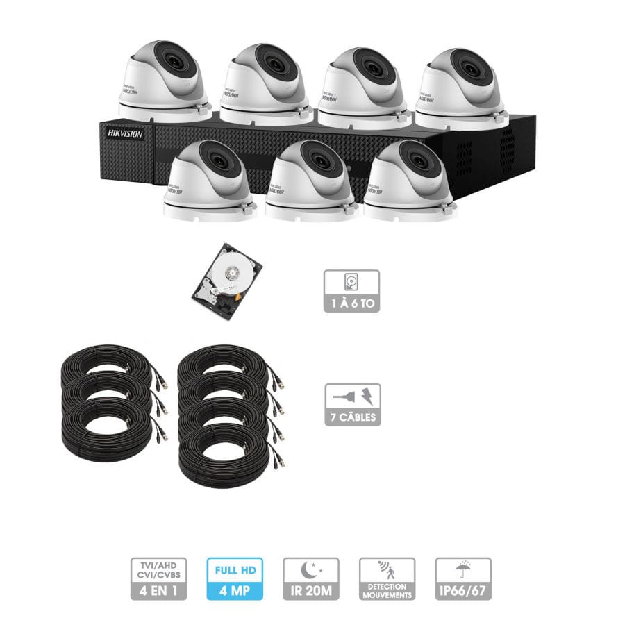 Kit vidéosurveillance 7 caméras | 4MP HD | 7 câbles 20 mètres | HDD 1To | Dômes Hiwatch