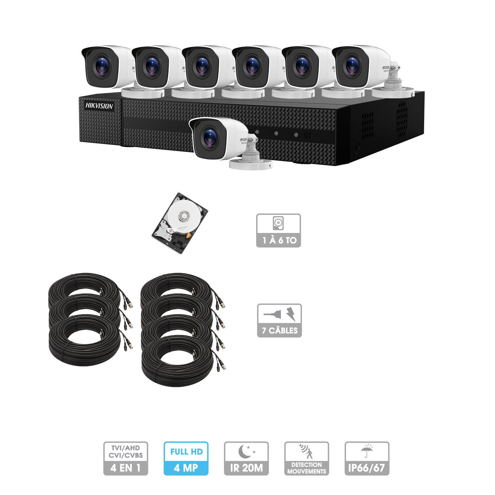 Kit vidéosurveillance 7 caméras | 4MP HD | 7 câbles 20 mètres | HDD 1To | Tube Hiwatch