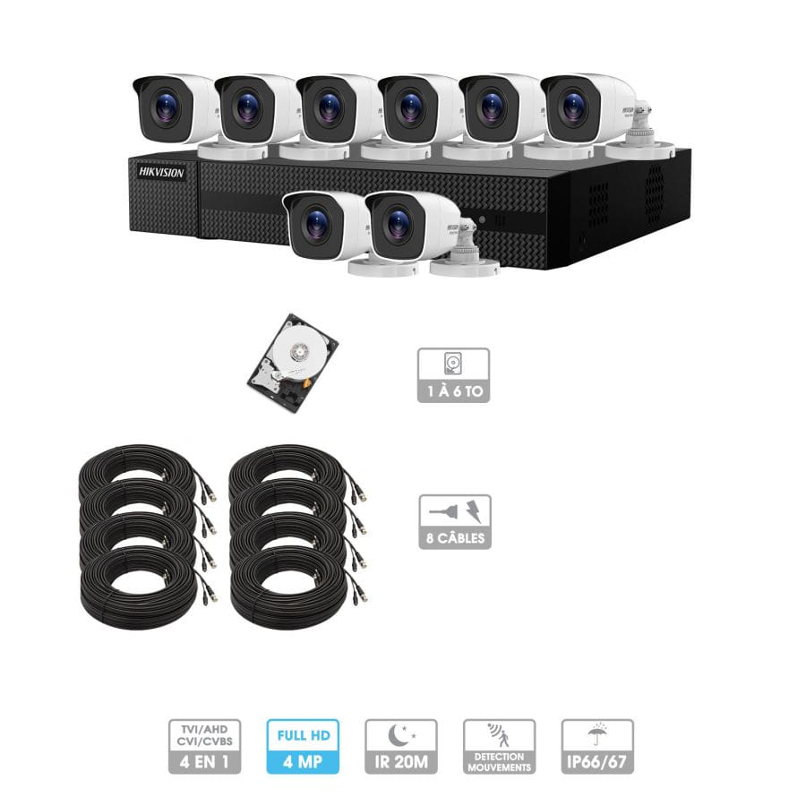 Kit vidéosurveillance 8 caméras | 4MP HD | 8 câbles 20 mètres | HDD 1To | Tube Hiwatch
