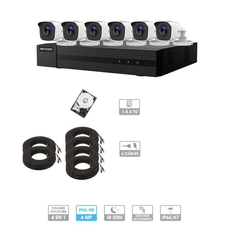 Kit vidéosurveillance 6 caméras | 4MP HD | 6 câbles 20 mètres | HDD 1To | Tube Hiwatch