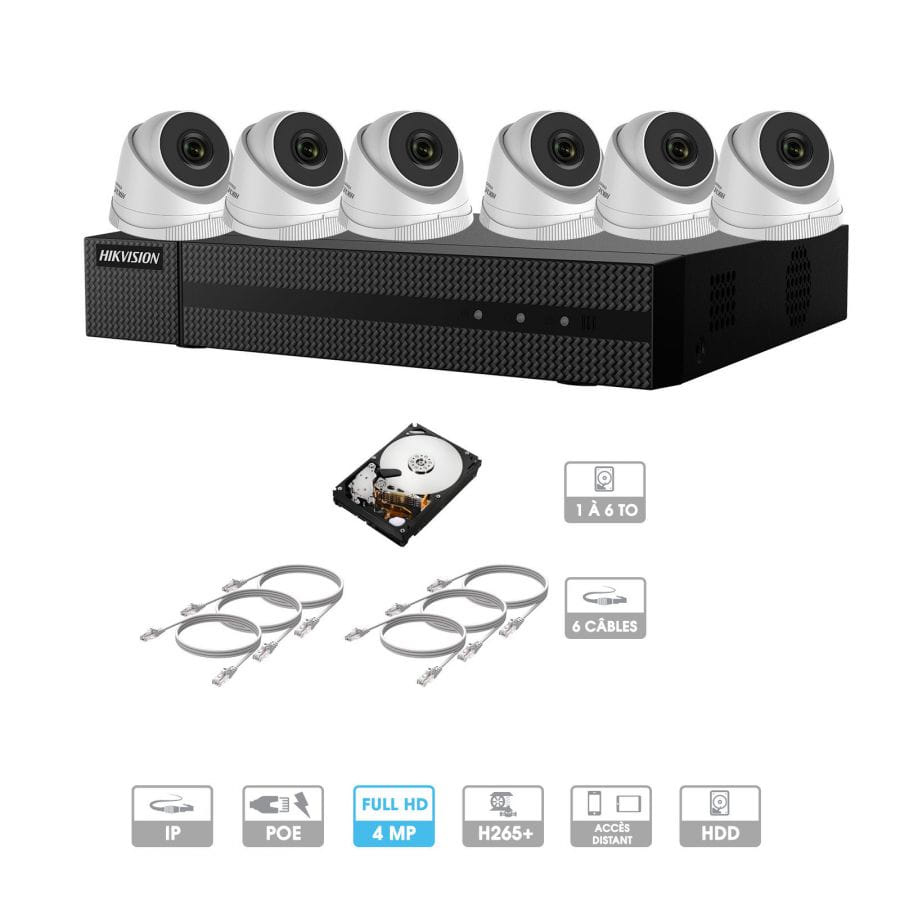 Kit vidéosurveillance 6 caméras | 4 MP | IP PoE | 6 câbles RJ45 20/30/40/50 mètres | HDD 1 à 6 To | Dôme Hiwatch