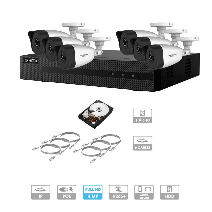 Kit vidéosurveillance 6 caméras | 4 MP | IP PoE | 6 câbles RJ45 20/30/40/50 mètres | HDD 1 à 6 To | Tube Hiwatch
