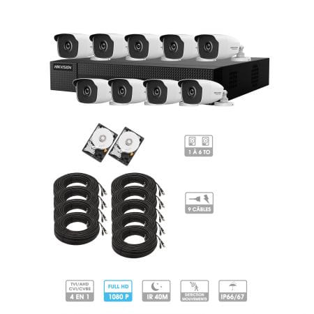 Kit vidéosurveillance 9 caméras 1080P HD | 9 câbles 20 mètres | 2 HDD 1 à 6 To | Tubes Hiwatch