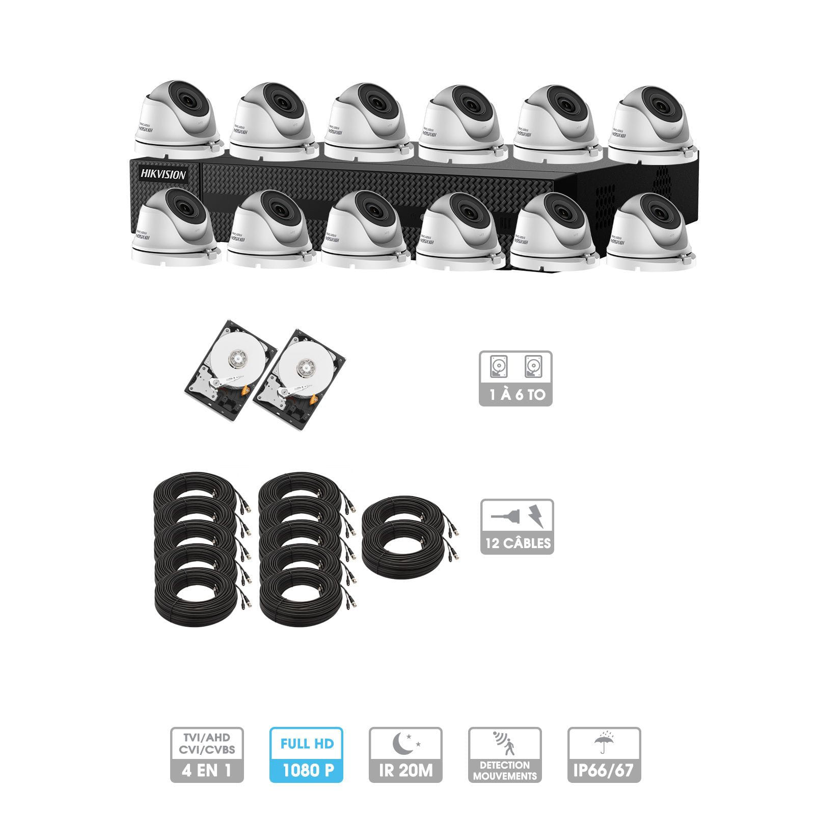Kit vidéosurveillance 12 caméras 1080P HD | 12 câbles 20 mètres | 2 HDD 1 à 6 To | Dômes Hiwatch