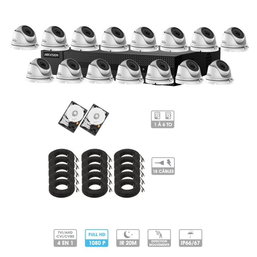 Kit vidéosurveillance 15 caméras 1080P HD | 15 câbles 20 mètres | 2 HDD 1 à 6 To | Dômes Hiwatch
