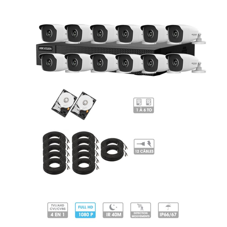 Kit vidéosurveillance 12 caméras 1080P HD | 12 câbles 20 mètres | 2 HDD 1 à 6 To | Tubes Hiwatch