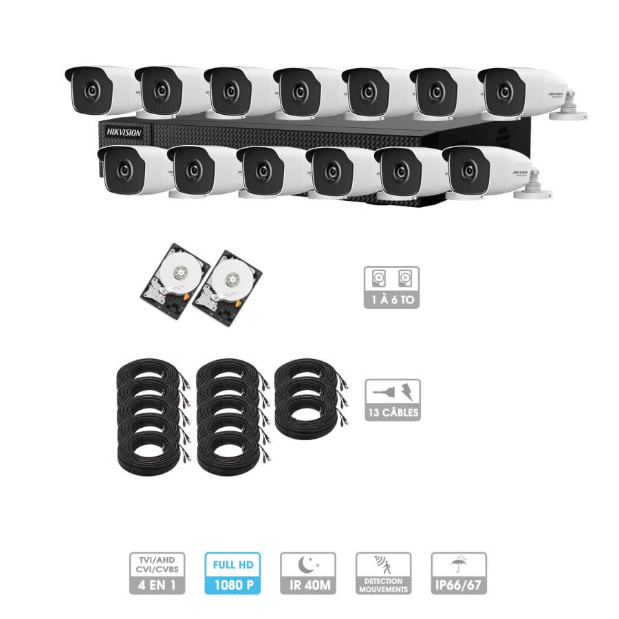 Kit vidéosurveillance 13 caméras 1080P HD | 13 câbles 20 mètres | 2 HDD 1 à 6 To | Tubes Hiwatch