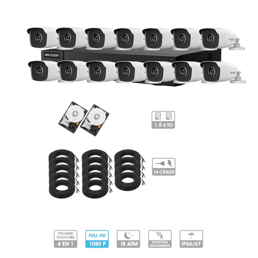 Kit vidéosurveillance 14 caméras 1080P HD | 14 câbles 20 mètres | 2 HDD 1 à 6 To | Tubes Hiwatch