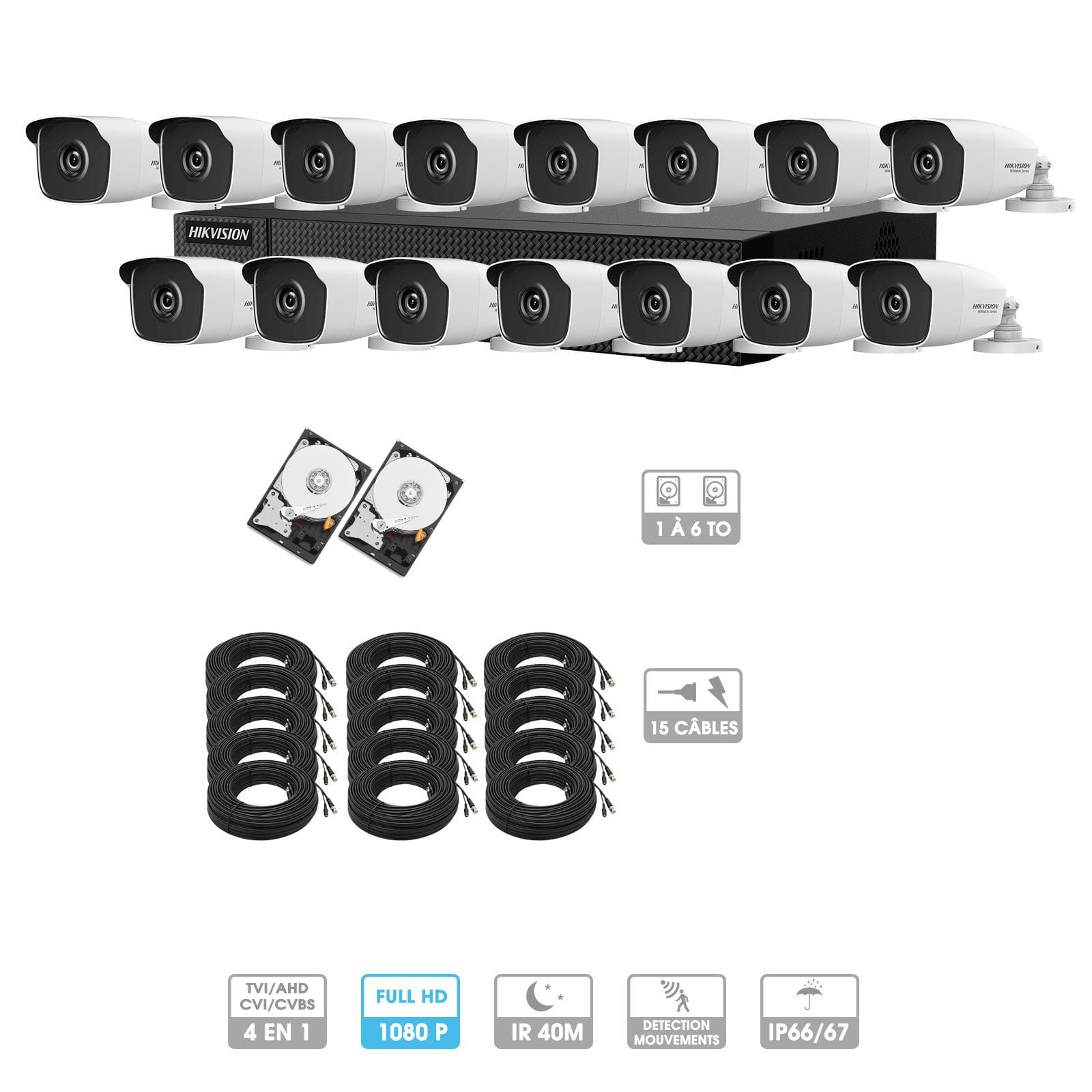 Kit vidéosurveillance 15 caméras 1080P HD | 15 câbles 20 mètres | 2 HDD 1 à 6 To | Tubes Hiwatch