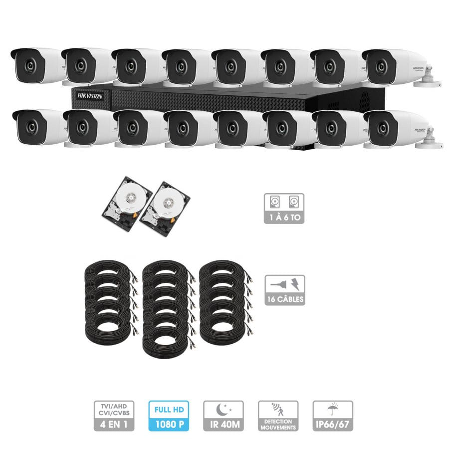 Kit vidéosurveillance 16 caméras 1080P HD | 16 câbles 20 mètres | 2 HDD 1 à 6 To | Tubes Hiwatch