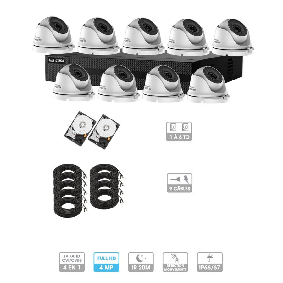 Kit vidéosurveillance 9 caméras | 4MP HD | 9 câbles 20 mètres | 2 HDD 1 à 6 To | Dômes Hiwatch