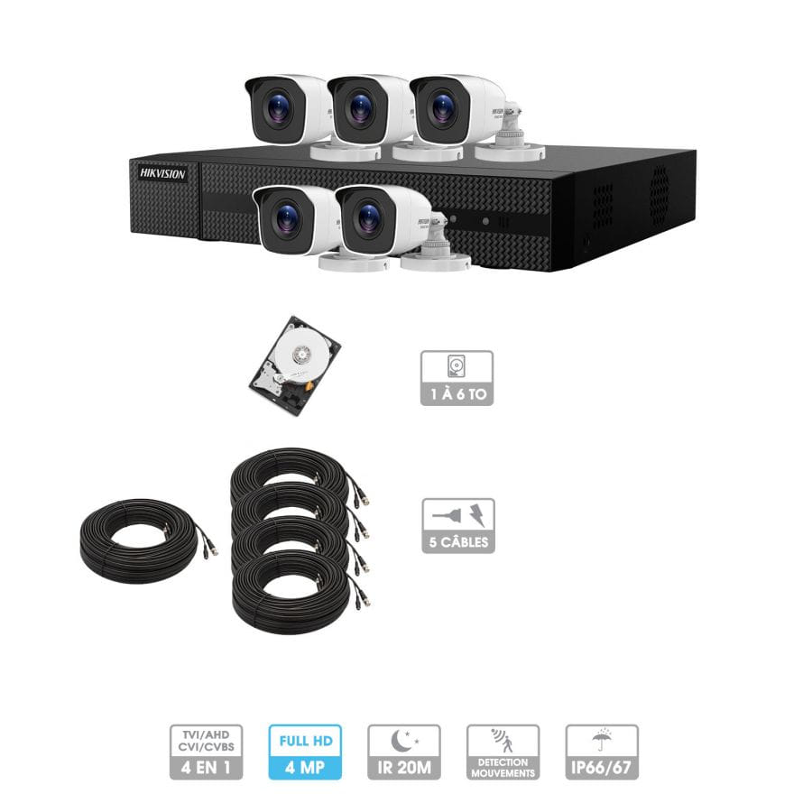 Kit vidéosurveillance 5 caméras | 4MP HD | 5 câbles 20 mètres | HDD 1To | Tube Hiwatch