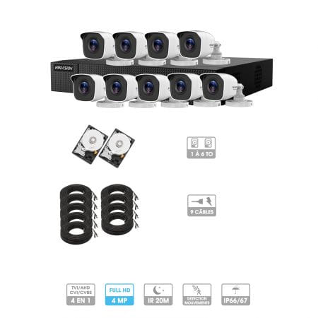 Kit vidéosurveillance 9 caméras | 4MP HD | 9 câbles 20 mètres | 2 HDD 1à 6 To | Tube Hiwatch