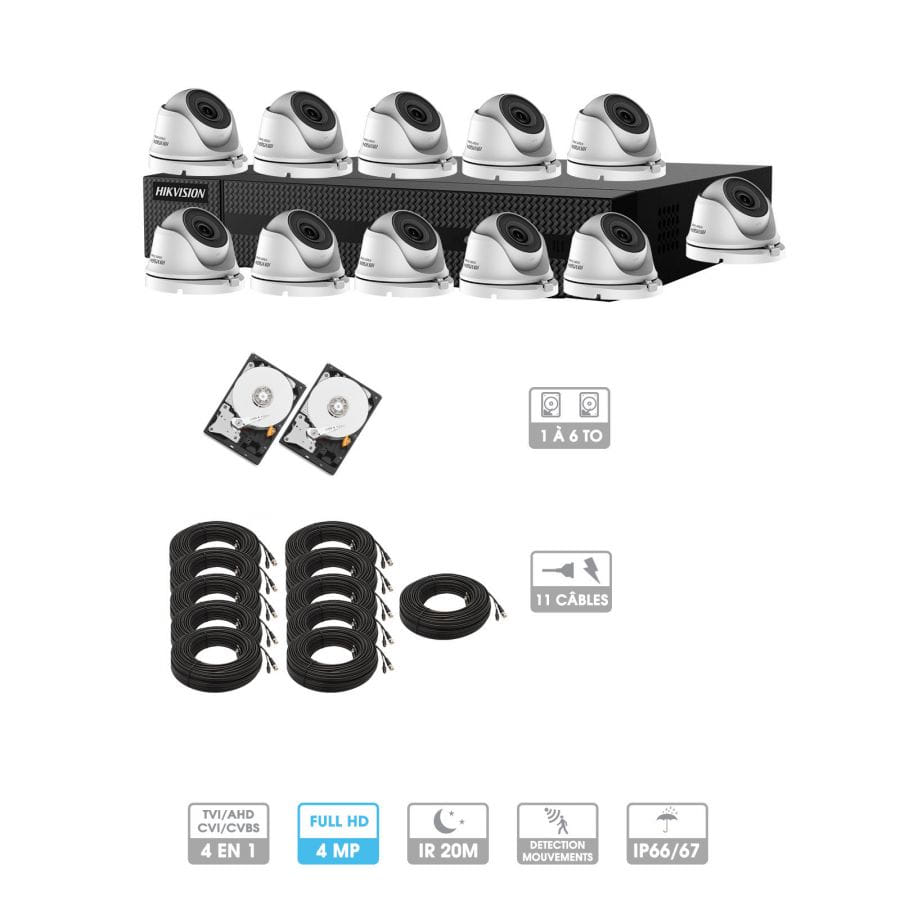 Kit vidéosurveillance 11 caméras | 4MP HD | 11 câbles 20 mètres | 2 HDD 1 à 6 To | Dômes Hiwatch