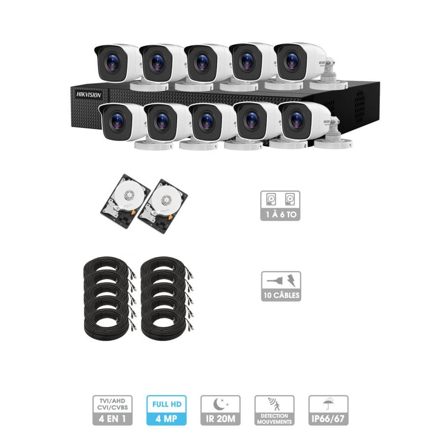 Kit vidéosurveillance 10 caméras | 4MP HD | 10 câbles 20 mètres | 2 HDD 1à 6 To | Tube Hiwatch