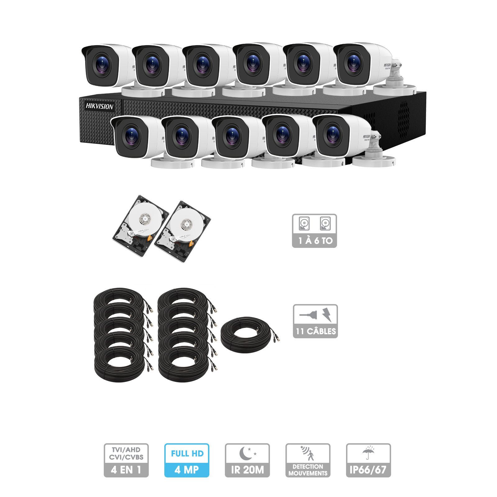 Kit vidéosurveillance 10 caméras | 4MP HD | 10 câbles 20 mètres | 2 HDD 1à 6 To | Tube Hiwatch