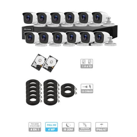 Kit vidéosurveillance 12 caméras | 4MP HD | 12 câbles 20 mètres | 2 HDD 1à 6 To | Tube Hiwatch