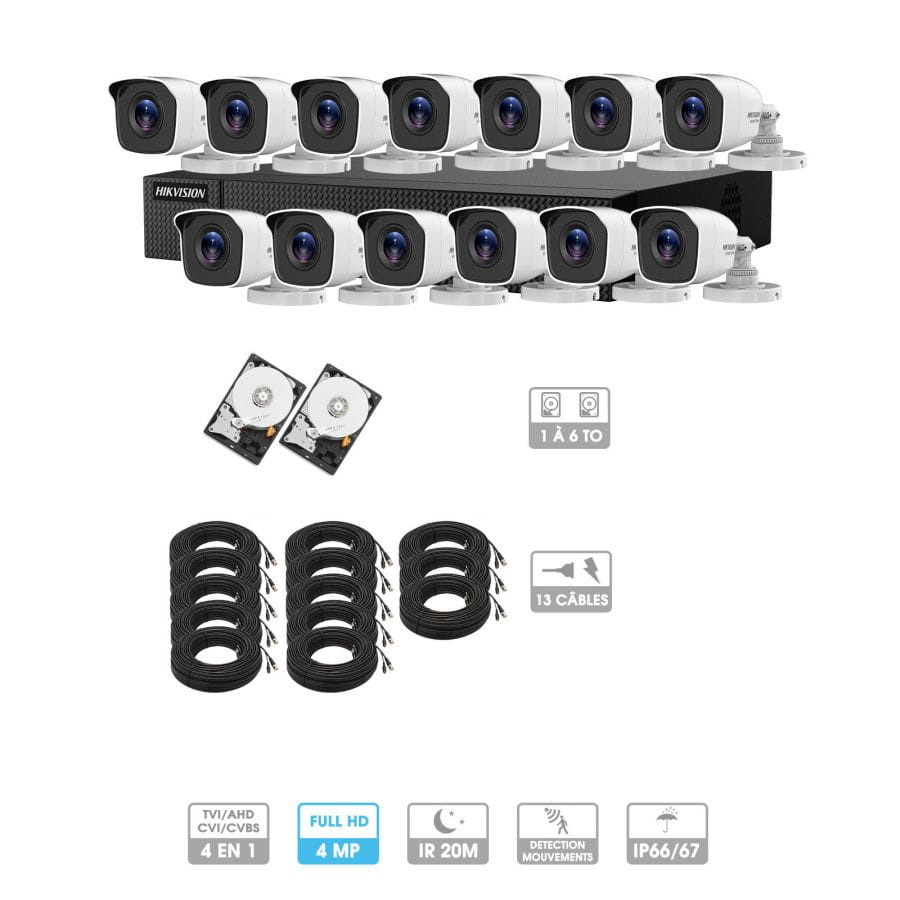 Kit vidéosurveillance 13 caméras | 4MP HD | 13 câbles 20 mètres | 2 HDD 1à 6 To | Tube Hiwatch