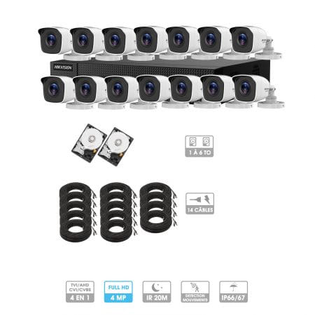 Kit vidéosurveillance 14 caméras | 4MP HD | 14 câbles 20 mètres | 2 HDD 1à 6 To | Tube Hiwatch