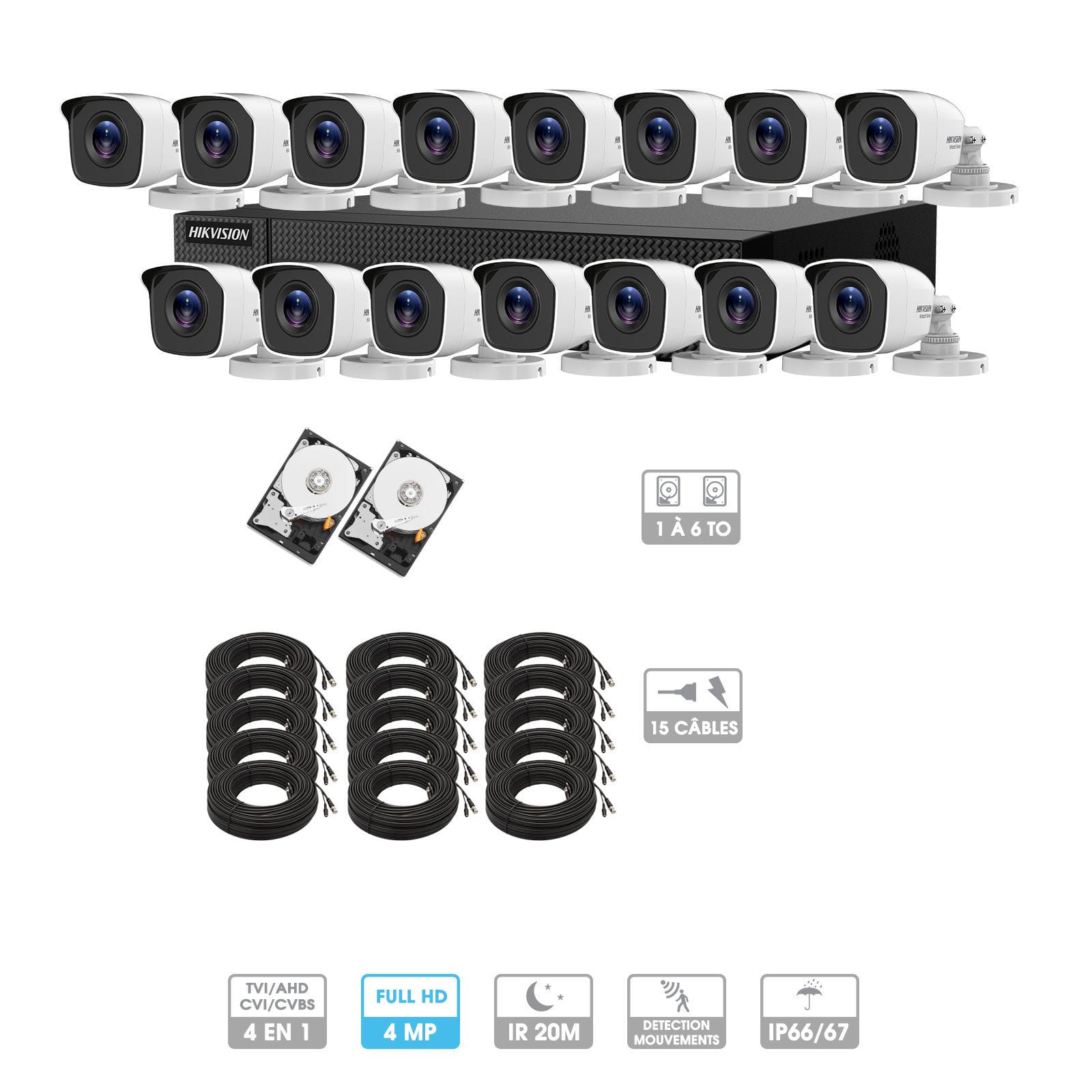 Kit vidéosurveillance 15 caméras | 4MP HD | 15 câbles 20 mètres | 2 HDD 1à 6 To | Tube Hiwatch