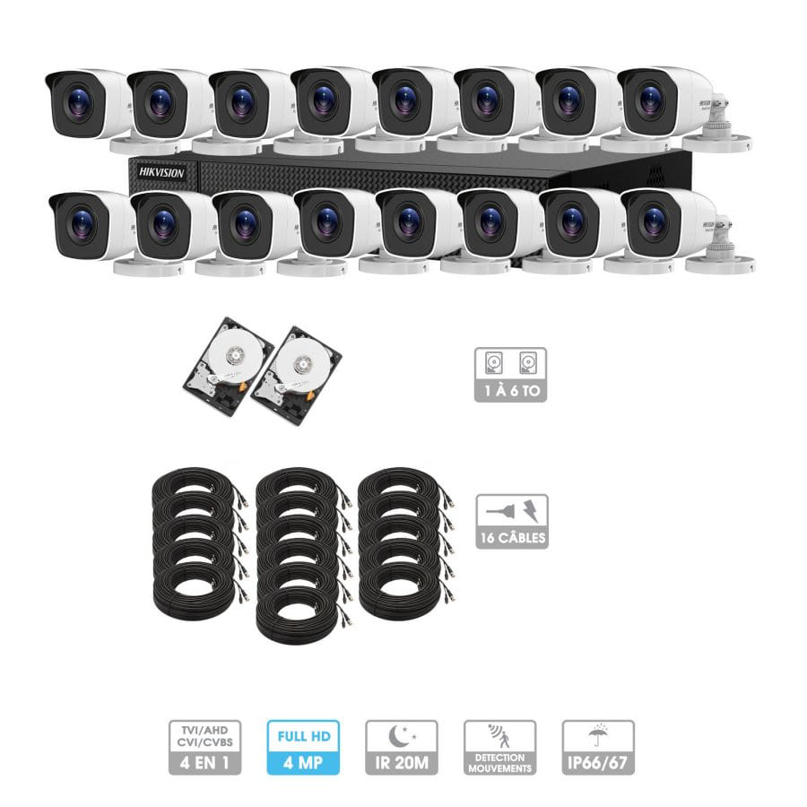 Kit vidéosurveillance 16 caméras | 4MP HD | 16 câbles 20 mètres | 2 HDD 1à 6 To | Tube Hiwatch