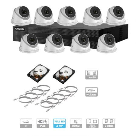 Kit vidéosurveillance 9 caméras | 4 MP | IP PoE | 9 câbles RJ45 20/30/40/50 mètres | HDD 1 à 6 To | Dôme Hiwatch
