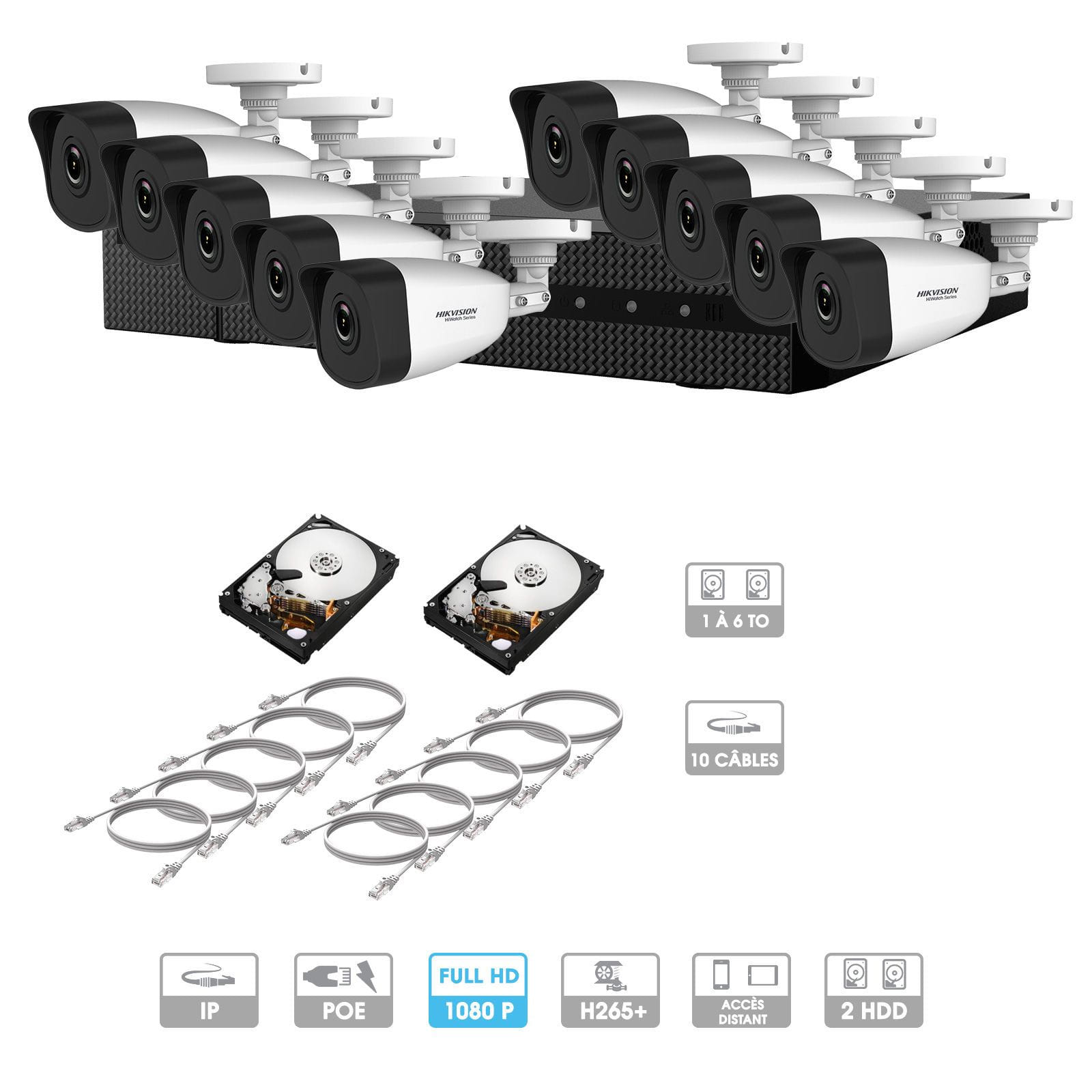 Kit vidéosurveillance 10 caméras 1080P IP PoE | 10 câbles RJ45 20/30/40/50 mètres | 2 HDD 1 à 6 To | Tubes Hiwatch