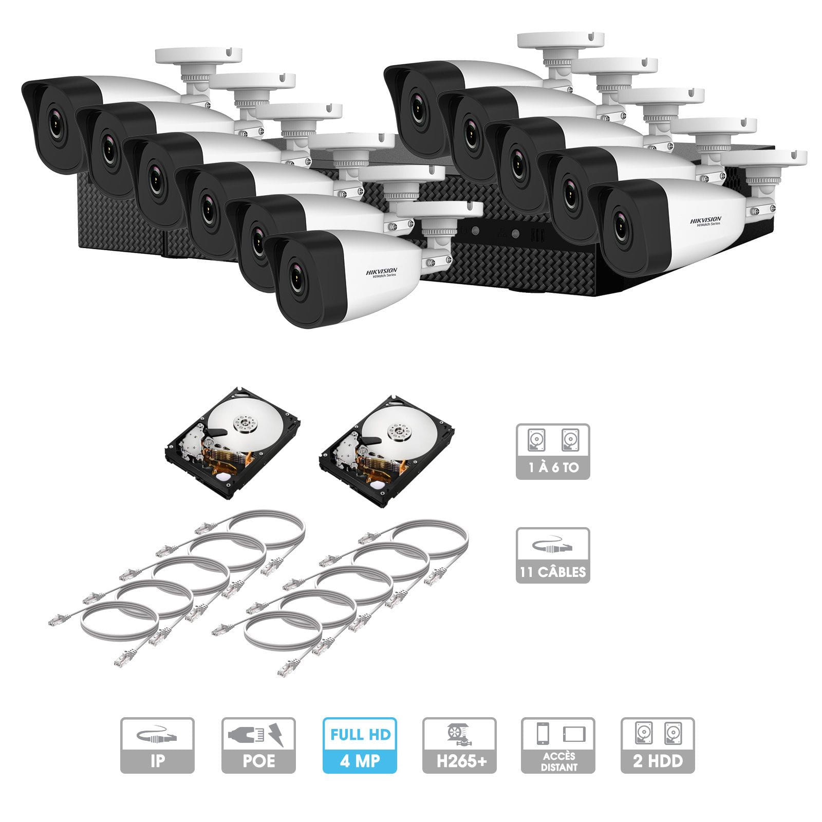 Kit vidéosurveillance 11 caméras | 4 MP | IP PoE | 11 câbles RJ45 20/30/40/50 mètres | 2 HDD 1 à 6 To | Tubes Hiwatch