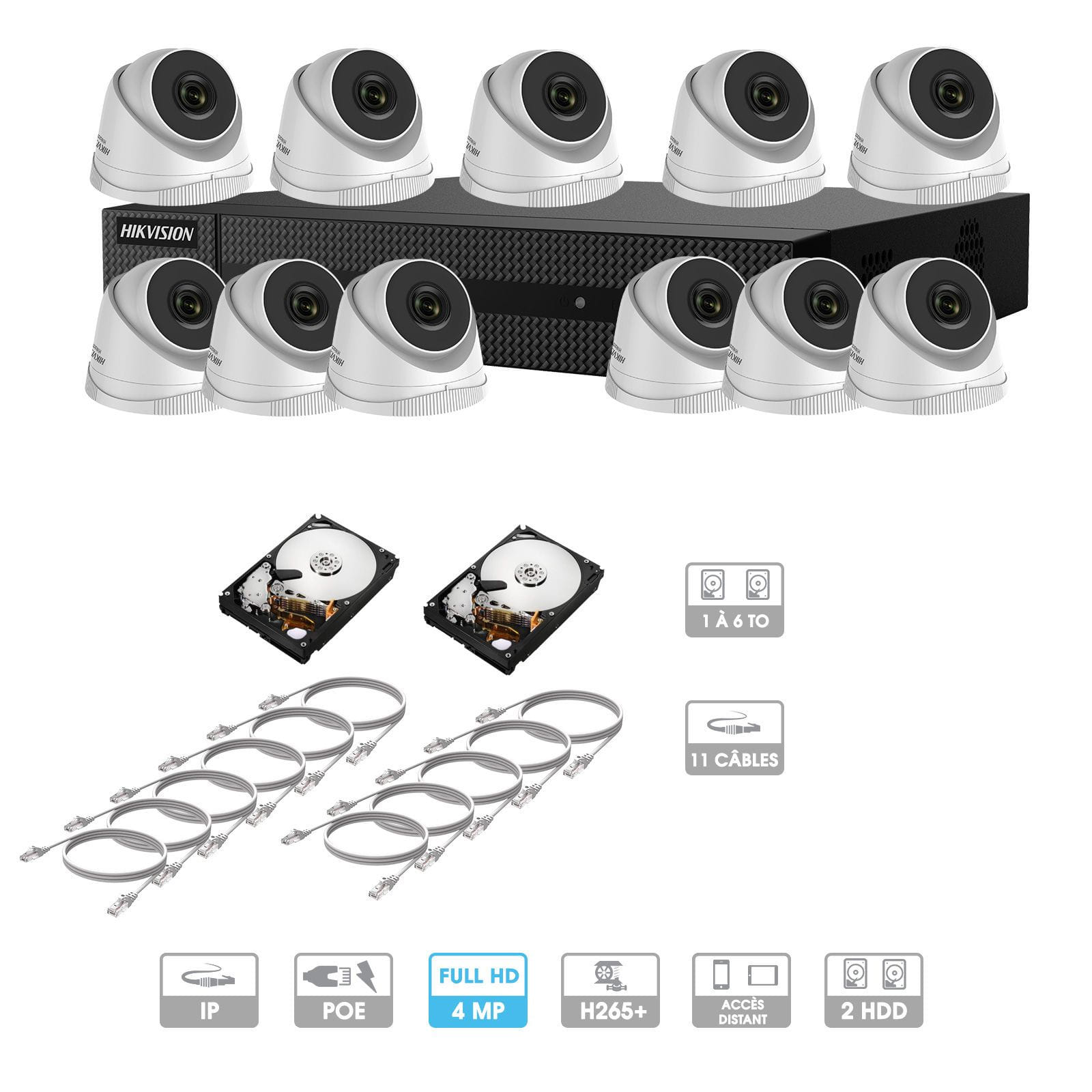 Kit vidéosurveillance 11 caméras | 4 MP | IP PoE | 11 câbles RJ45 20/30/40/50 mètres | HDD 1 à 6 To | Dôme Hiwatch