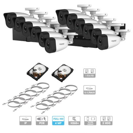 Kit vidéosurveillance 12 caméras | 4 MP | IP PoE | 12 câbles RJ45 20/30/40/50 mètres | 2 HDD 1 à 6 To | Tubes Hiwatch