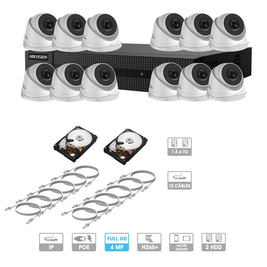 Kit vidéosurveillance 12 caméras | 4 MP | IP PoE | 12 câbles RJ45 20/30/40/50 mètres | HDD 1 à 6 To | Dôme Hiwatch