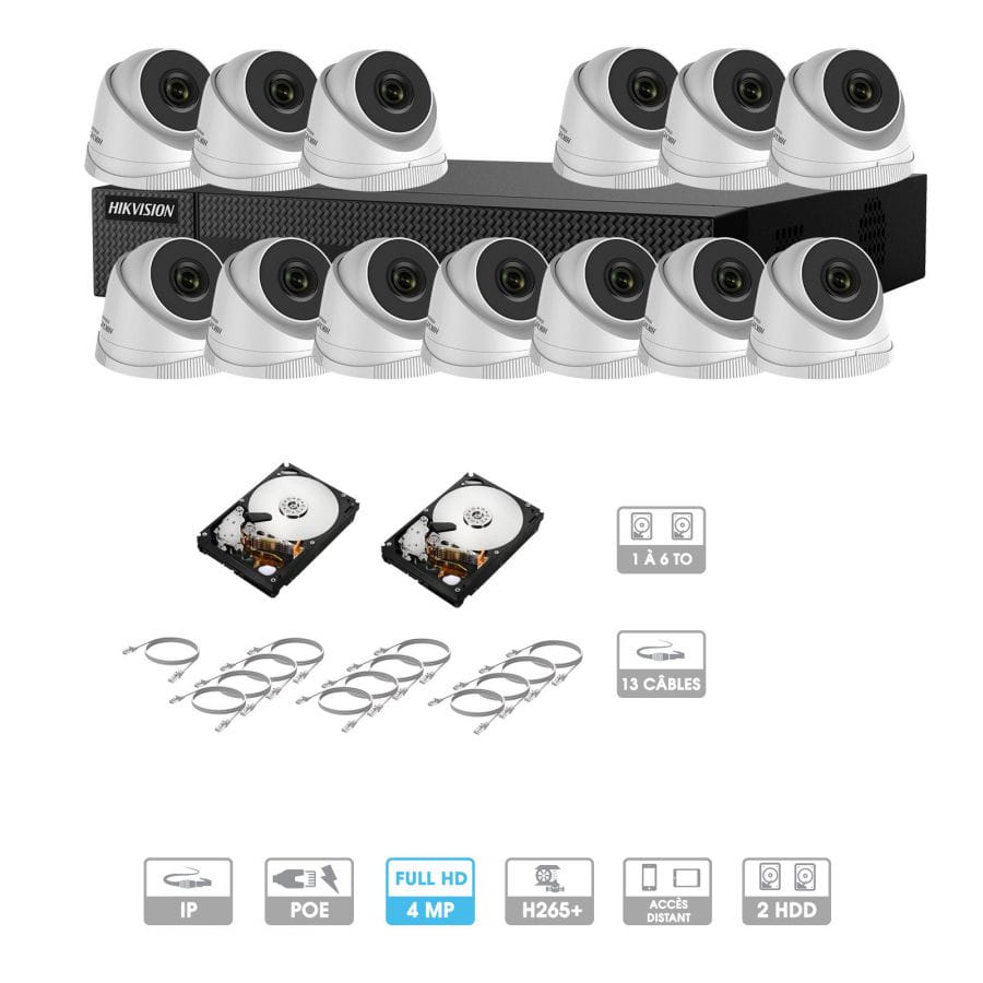 Kit vidéosurveillance 13 caméras | 4 MP | IP PoE | 13 câbles RJ45 20/30/40/50 mètres | HDD 1 à 6 To | Dôme Hiwatch
