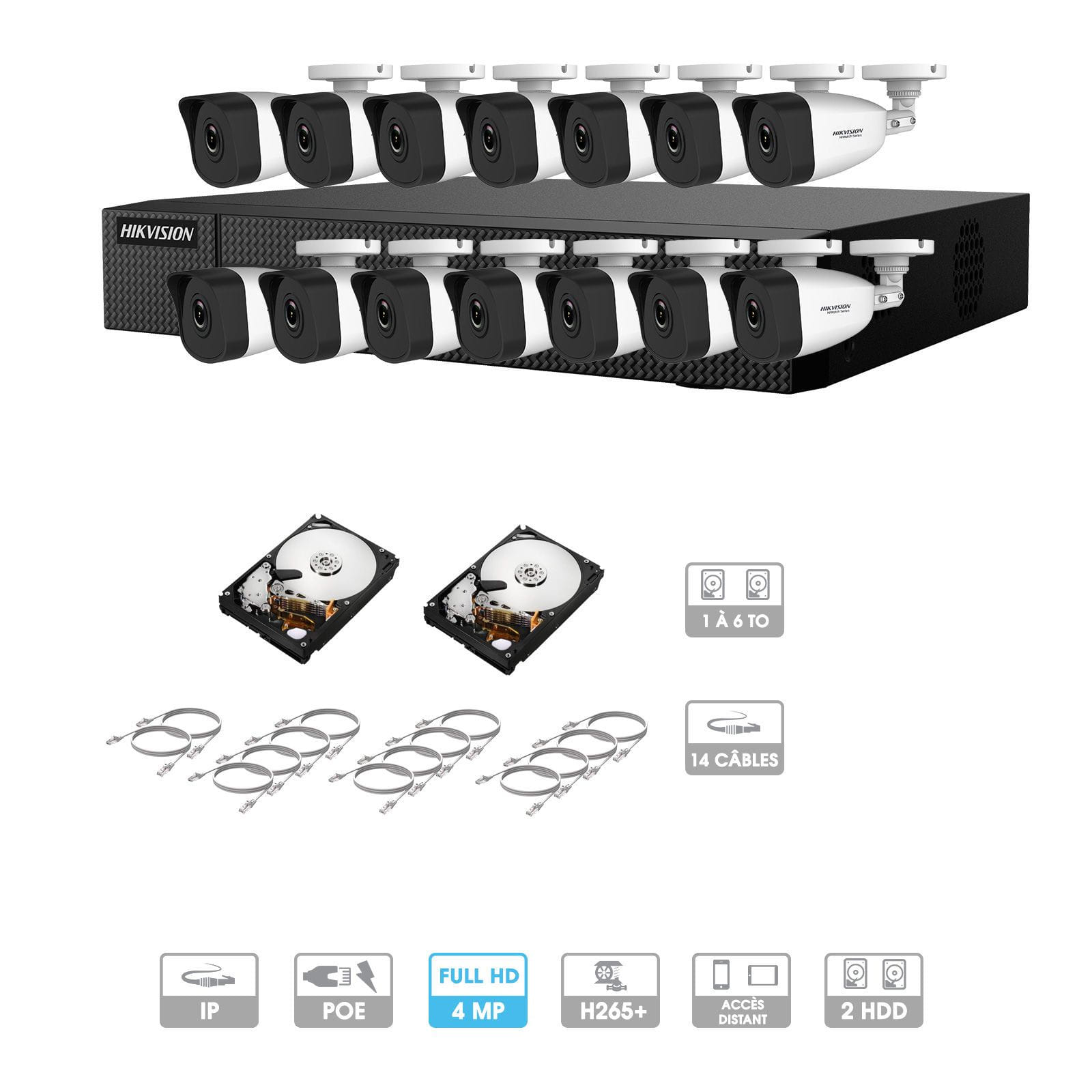Kit vidéosurveillance 14 caméras | 4 MP | IP PoE | 14 câbles RJ45 20/30/40/50 mètres | 2 HDD 1 à 6 To | Tubes Hiwatch