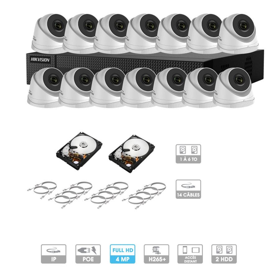 Kit vidéosurveillance 14 caméras | 4 MP | IP PoE | 14 câbles RJ45 20/30/40/50 mètres | HDD 1 à 6 To | Dôme Hiwatch