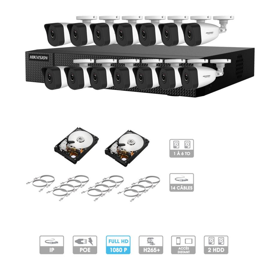 Kit vidéosurveillance 14 caméras 1080P IP PoE | 14 câbles RJ45 20/30/40/50 mètres | 2 HDD 1 à 6 To | Tubes Hiwatch