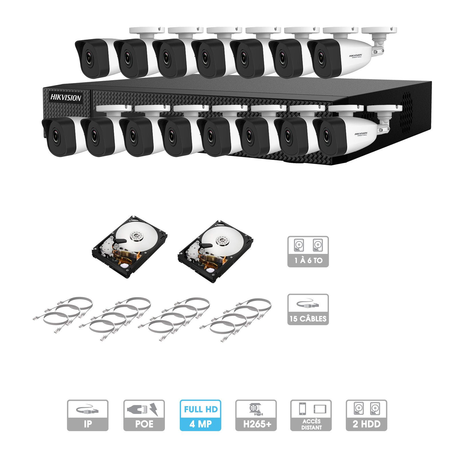 Kit vidéosurveillance 15 caméras | 4 MP | IP PoE | 15 câbles RJ45 20/30/40/50 mètres | 2 HDD 1 à 6 To | Tubes Hiwatch