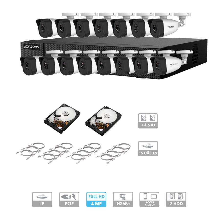 Kit vidéosurveillance 15 caméras | 4 MP | IP PoE | 15 câbles RJ45 20/30/40/50 mètres | 2 HDD 1 à 6 To | Tubes Hiwatch