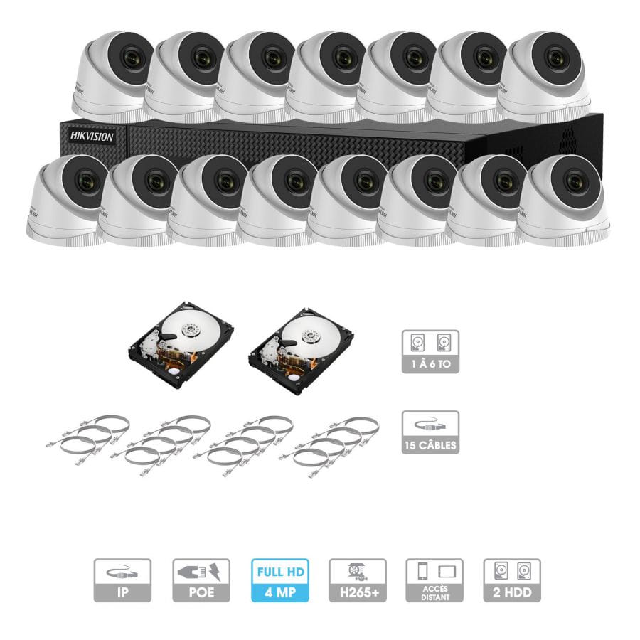 Kit vidéosurveillance 15 caméras | 4 MP | IP PoE | 15 câbles RJ45 20/30/40/50 mètres | HDD 1 à 6 To | Dôme Hiwatch