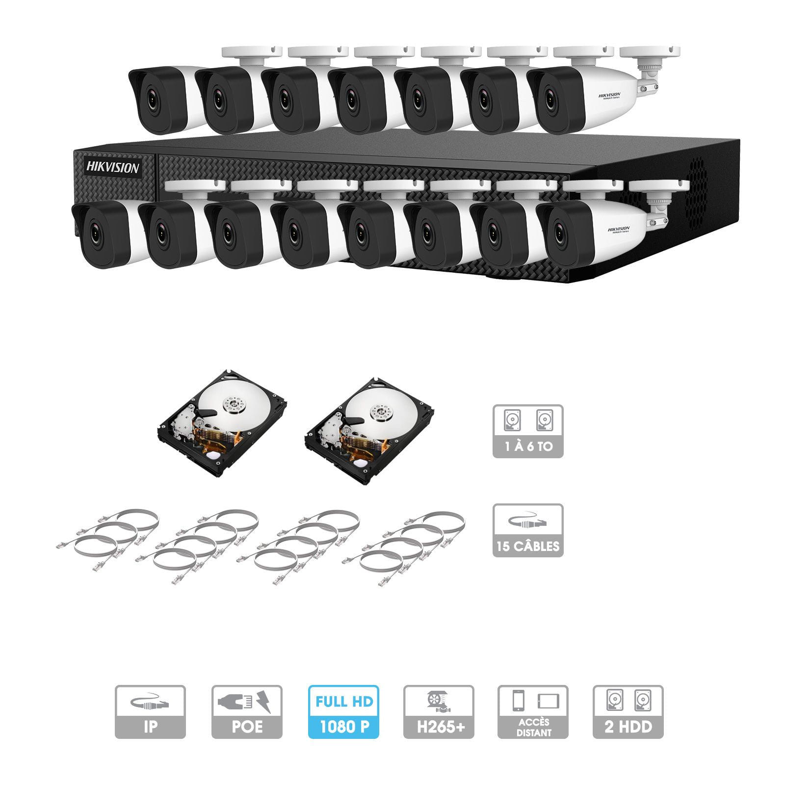Kit vidéosurveillance 15 caméras 1080P IP PoE | 15 câbles RJ45 20/30/40/50 mètres | 2 HDD 1 à 6 To | Tubes Hiwatch