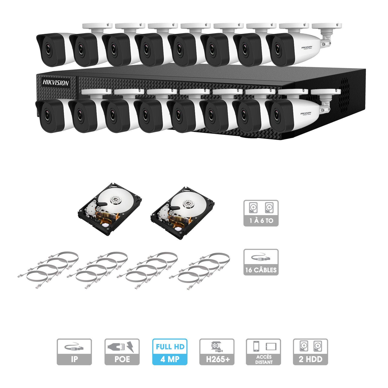 Kit vidéosurveillance 16 caméras | 4 MP | IP PoE | 16 câbles RJ45 20/30/40/50 mètres | 2 HDD 1 à 6 To | Tubes Hiwatch