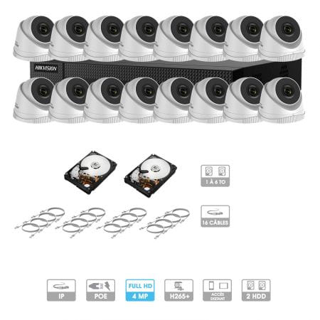 Kit vidéosurveillance 16 caméras | 4 MP | IP PoE | 16 câbles RJ45 20/30/40/50 mètres | HDD 1 à 6 To | Dôme Hiwatch