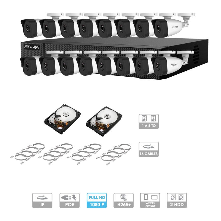 Kit vidéosurveillance 16 caméras 1080P IP PoE | 16 câbles RJ45 20/30/40/50 mètres | 2 HDD 1 à 6 To | Tubes Hiwatch