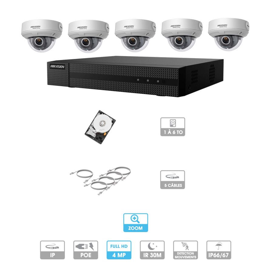 Kit vidéosurveillance 5 caméras | 4 MP | IP PoE | 5 câbles RJ45 20/30/40/50 mètres | HDD 1 à 6 To | Dôme Hiwatch