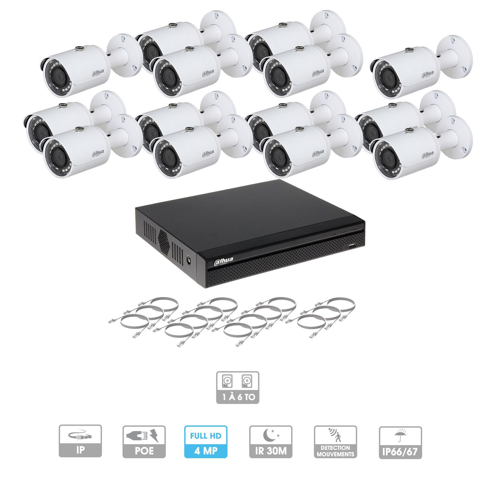 Kit vidéosurveillance 14 caméras | 4 MP | IP PoE | 14 câbles RJ45 20/30/40/50 mètres | 2 HDD 1 à 6 To | Tubes Dahua