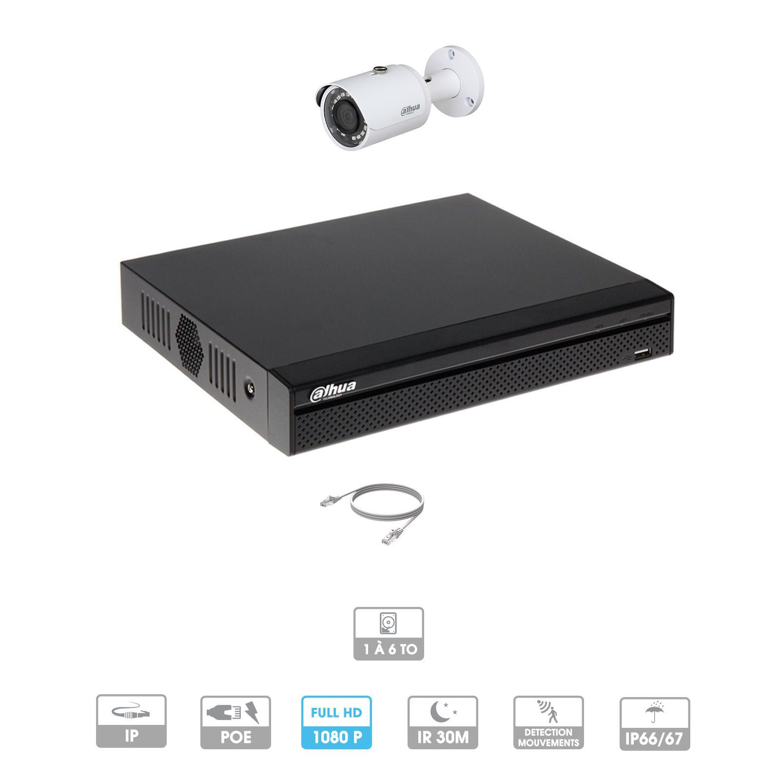 Kit vidéosurveillance 1 caméra | 2 MP | IP PoE | 1 câble RJ45 20/30/40/50 mètres | 1 HDD 1 à 6 To | Tubes Dahua