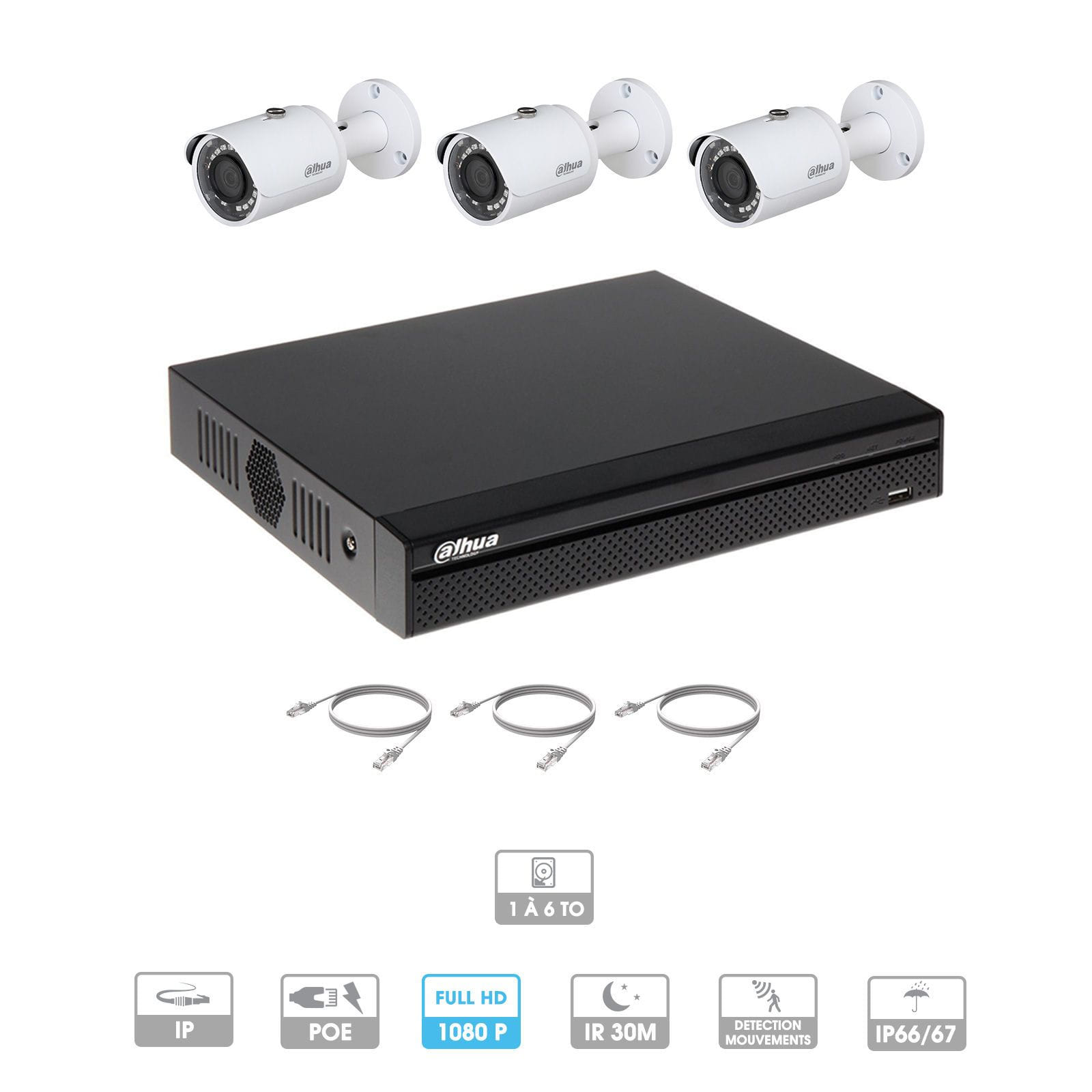 Kit vidéosurveillance 3 caméras | 2 MP | IP PoE | 3 câbles RJ45 20/30/40/50 mètres | 1 HDD 1 à 6 To | Tube Dahua