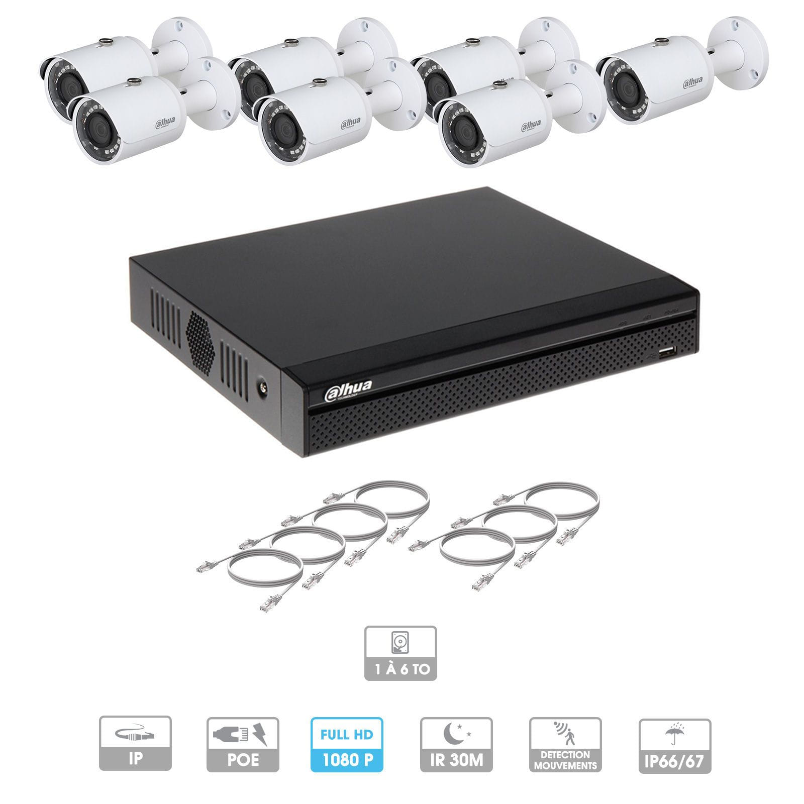 Kit vidéosurveillance 7 caméras | 2 MP | IP PoE | 7 câbles RJ45 20/30/40/50 mètres | 1 HDD 1 à 6 To | Tube Dahua