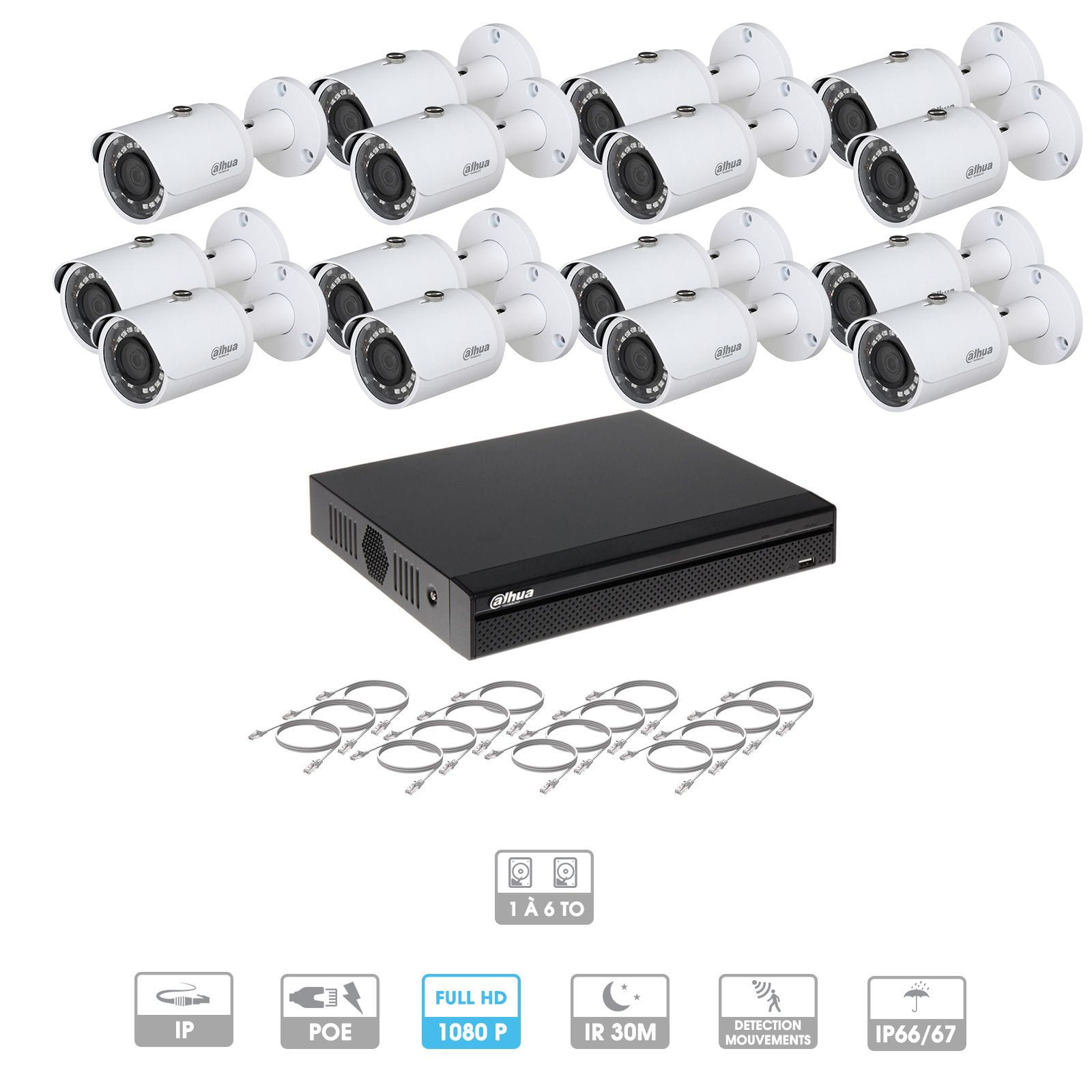 Kit vidéosurveillance 15 caméras | 2 MP | IP PoE | 15 câbles RJ45 20/30/40/50 mètres | 2 HDD 1 à 6 To | Tube Dahua