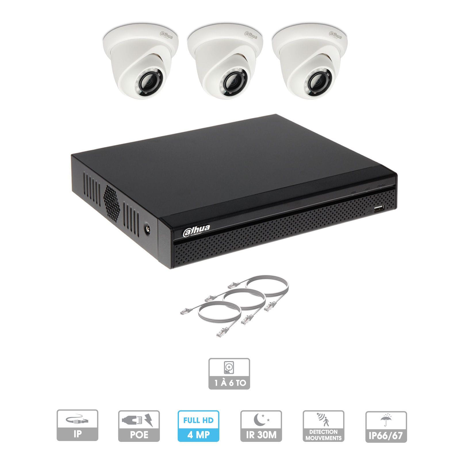 Kit vidéosurveillance 3 caméras | 4 MP | IP PoE | 3 câbles RJ45 20/30/40/50 mètres | 1 HDD 1 à 6 To | Dôme Dahua