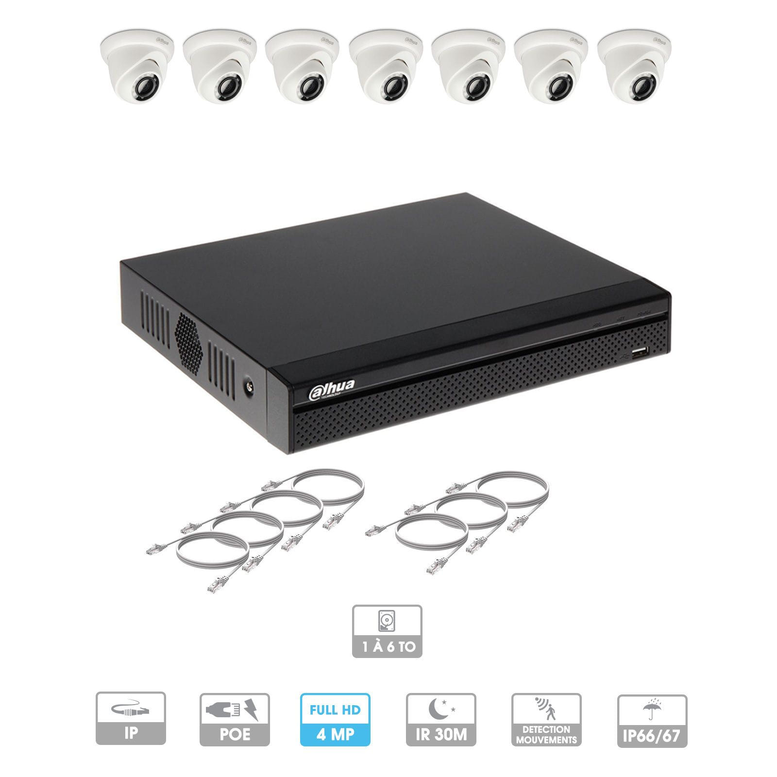Kit vidéosurveillance 7 caméras | 4 MP | IP PoE | 7 câbles RJ45 20/30/40/50 mètres | 1 HDD 1 à 6 To | Dôme Dahua